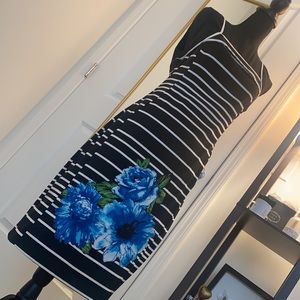 Sangria Black and white striped blue flower dress